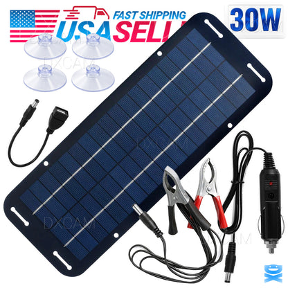 30W Solar Panel 12V Trickle Charger Battery Charger Kit Maintainer Boat Car RV