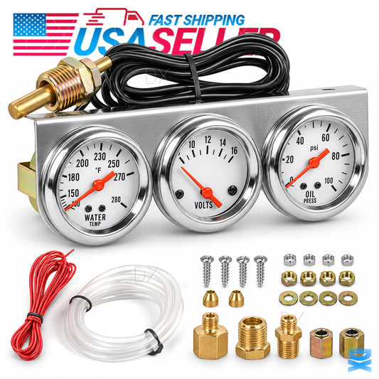 Chrome Triple Gauge 2" 52mm 3 Gauge Set Kit Water Temp Oil Pressure Volt Meter