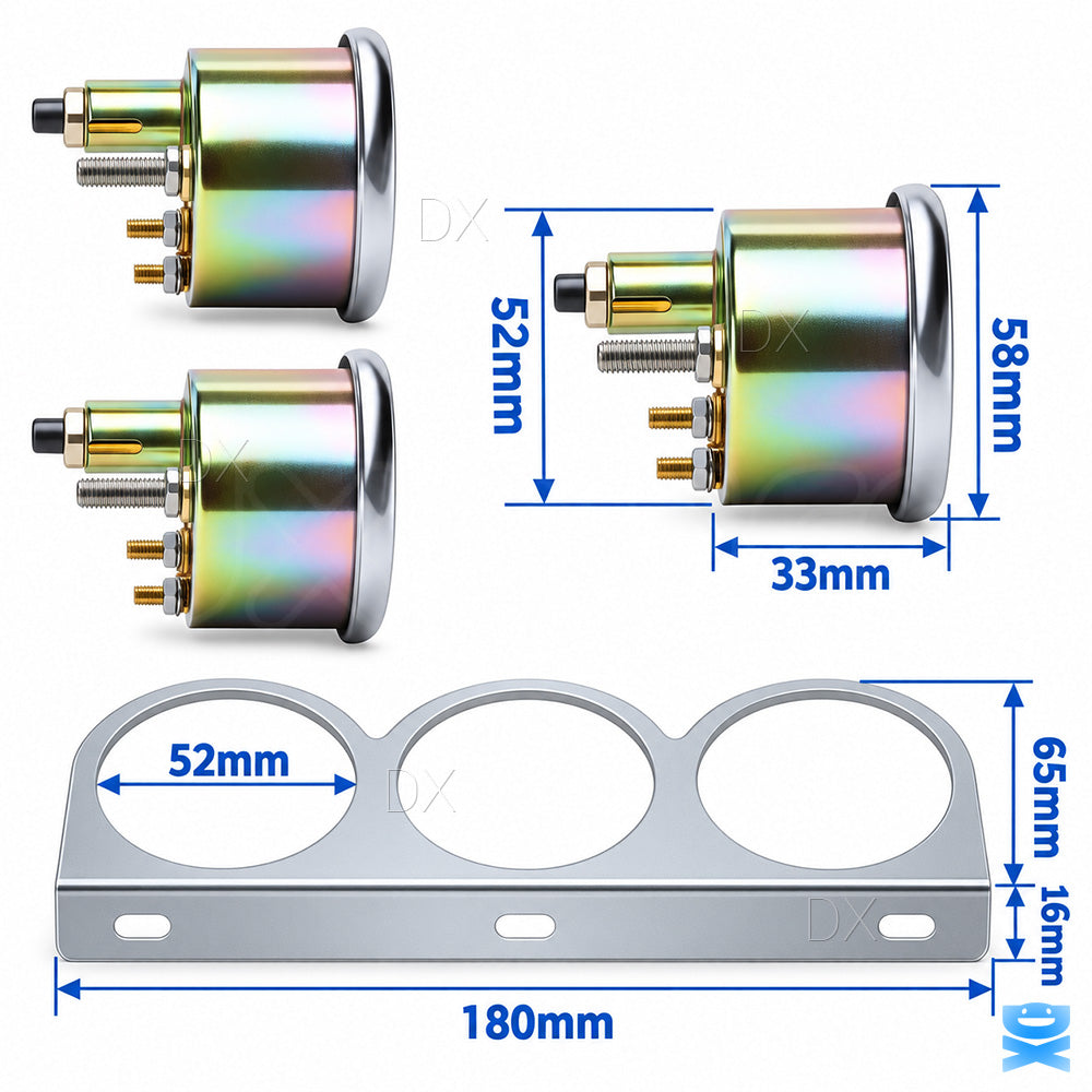 Chrome Triple Gauge 2" 52mm 3 Gauge Set Kit Water Temp Oil Pressure Volt Meter