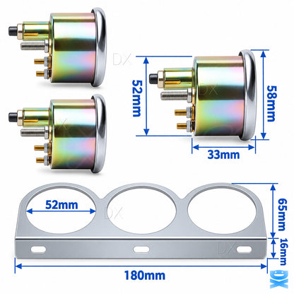 Chrome Triple Gauge 2" 52mm 3 Gauge Set Kit Water Temp Oil Pressure Volt Meter