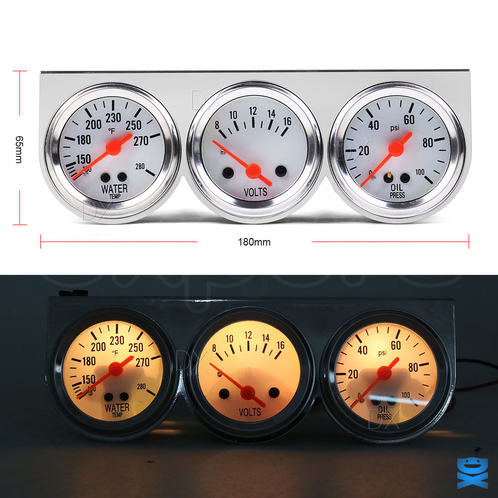 Chrome Triple Gauge 2" 52mm 3 Gauge Set Kit Water Temp Oil Pressure Volt Meter