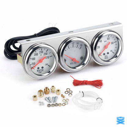 Chrome Triple Gauge 2" 52mm 3 Gauge Set Kit Water Temp Oil Pressure Volt Meter
