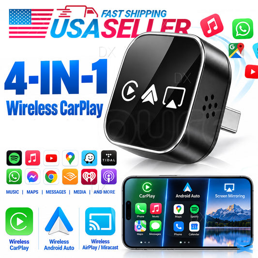 4-in-1 Wireless CarPlay Adapter Android Auto AirPlay Mirror Link USB Plug & Play