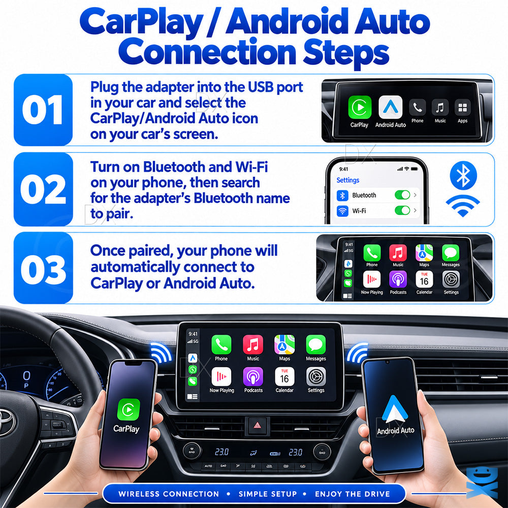 4-in-1 Wireless CarPlay Adapter Android Auto AirPlay Mirror Link USB Plug & Play