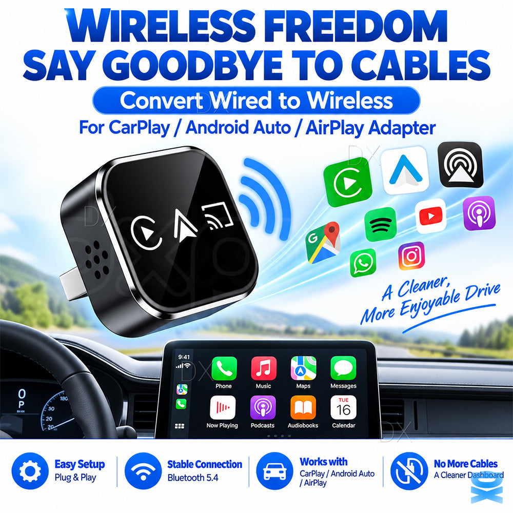 4-in-1 Wireless CarPlay Adapter Android Auto AirPlay Mirror Link USB Plug & Play