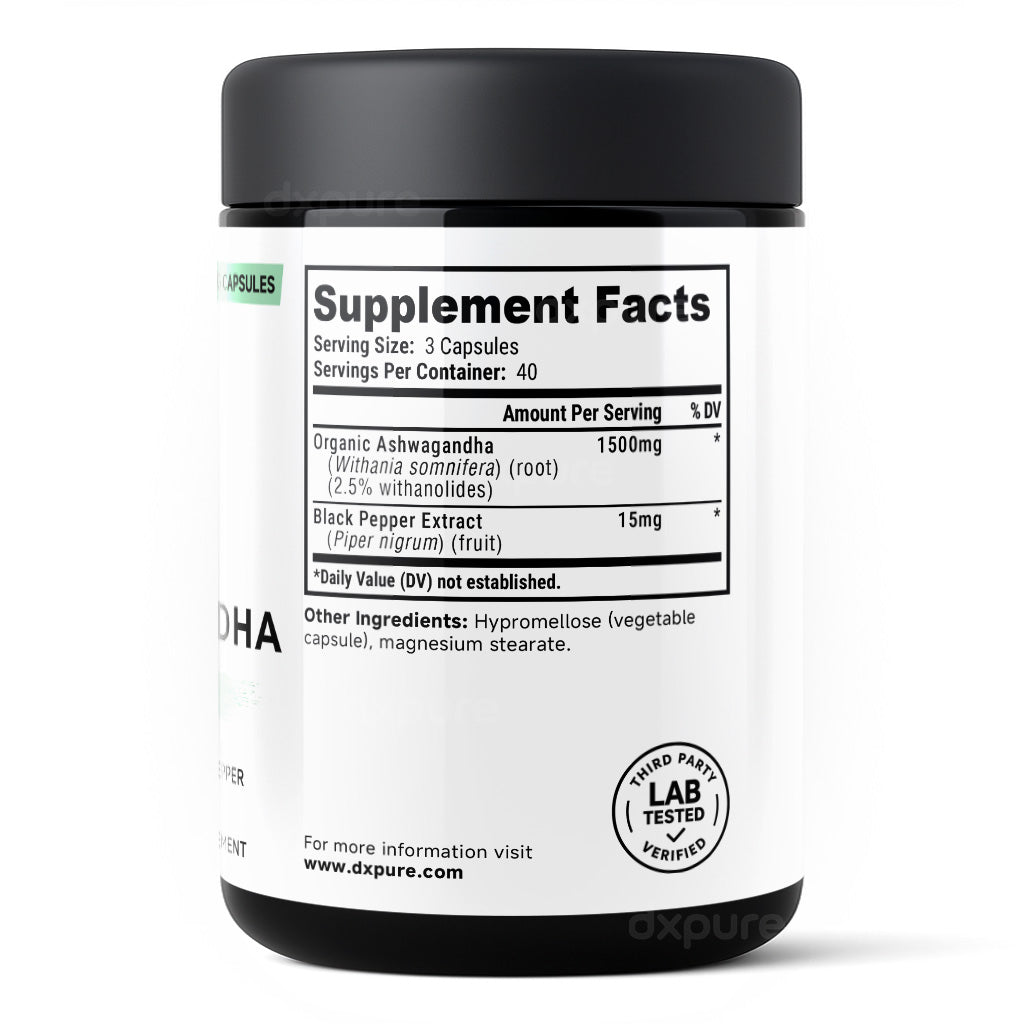 Ashwagandha Organic Herbal Supplement w/ Black Pepper - 1500mg - 120 Capsules