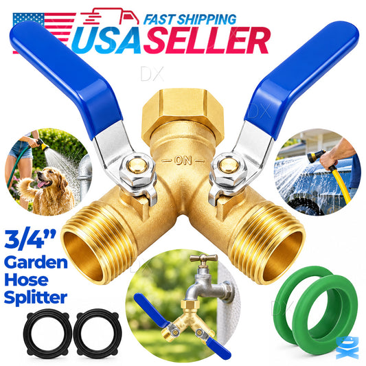 3/4" Garden Hose Splitter 2-Way Heavy Duty Brass Y Connector Adaptor 2 Valves
