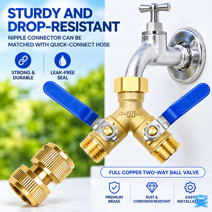 3/4" Garden Hose Splitter 2-Way Heavy Duty Brass Y Connector Adaptor 2 Valves