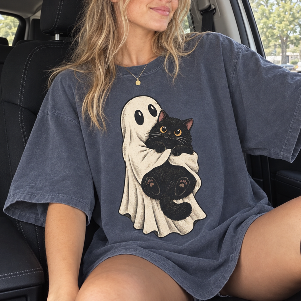 Ghost Hugging Black Cat T-Shirt (Comfort Colors®) Spooky Halloween Tee Cute Cat Lover Shirt
