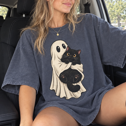 Ghost Hugging Black Cat T-Shirt (Comfort Colors®) Spooky Halloween Tee Cute Cat Lover Shirt