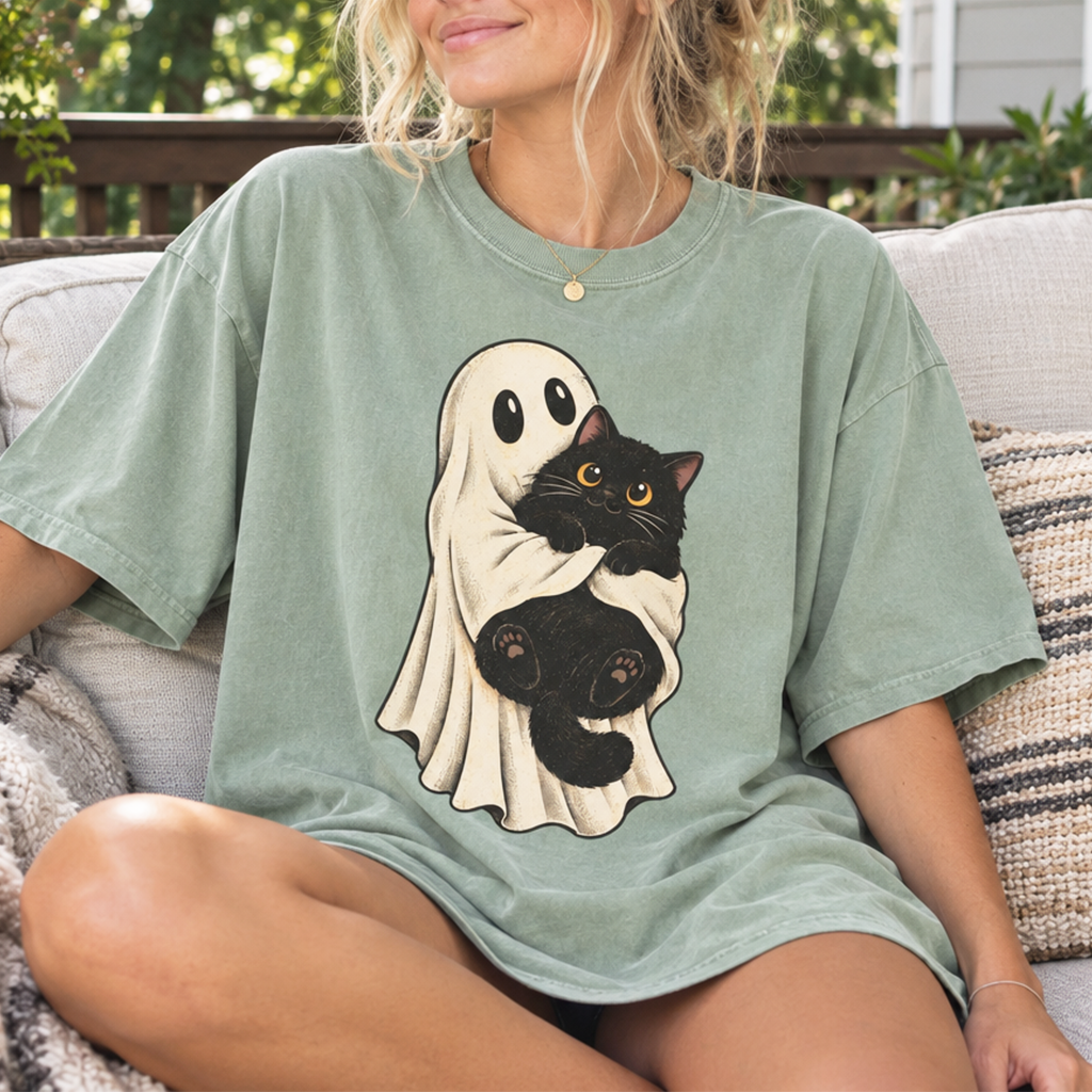 Ghost Hugging Black Cat T-Shirt (Comfort Colors®) Spooky Halloween Tee Cute Cat Lover Shirt