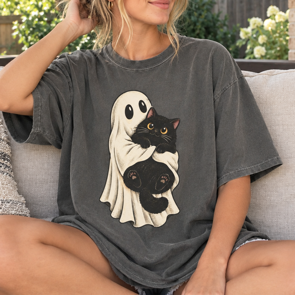 Ghost Hugging Black Cat T-Shirt (Comfort Colors®) Spooky Halloween Tee Cute Cat Lover Shirt