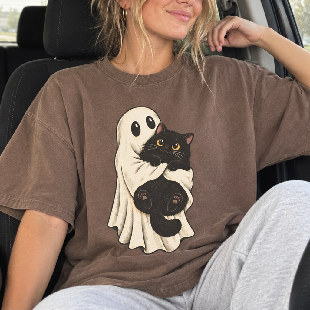 Ghost Hugging Black Cat T-Shirt (Comfort Colors®) Spooky Halloween Tee Cute Cat Lover Shirt