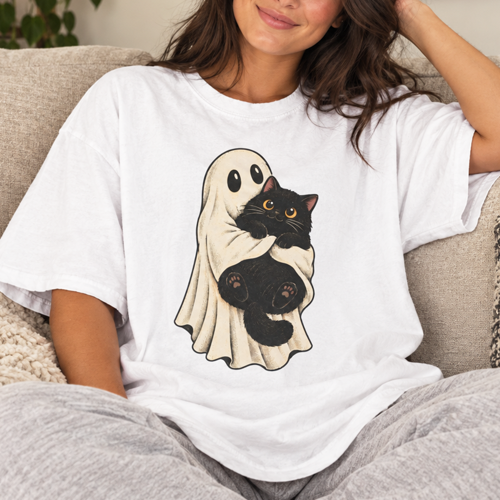 Ghost Hugging Black Cat T-Shirt (Comfort Colors®) Spooky Halloween Tee Cute Cat Lover Shirt