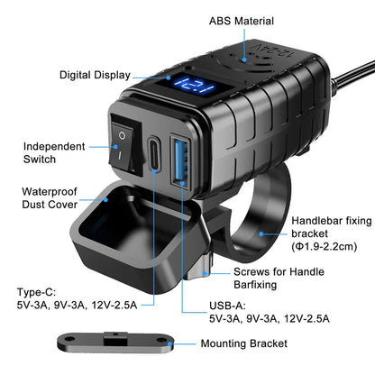 QC 3.0 Motorcycle Dual USB Phone GPS Super Fast Charger Adapter LED Waterproof