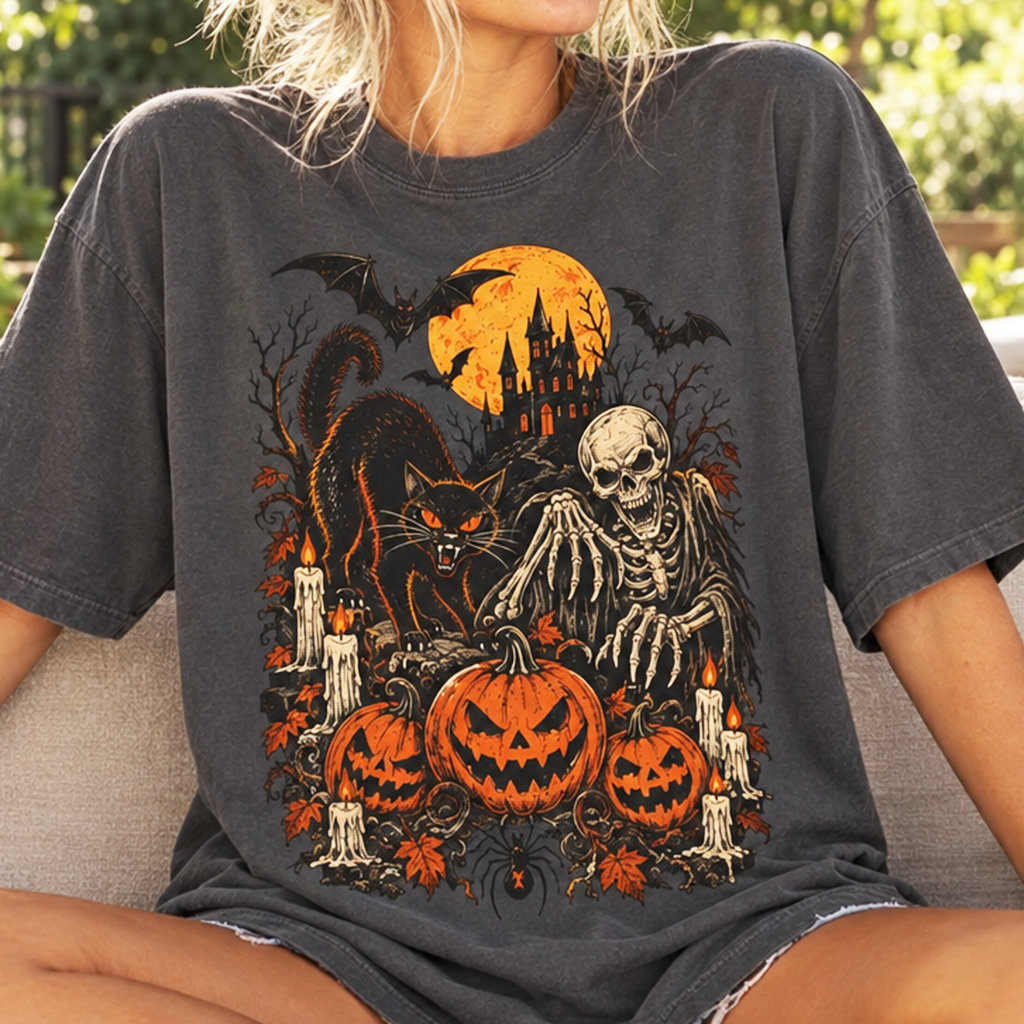 Retro Halloween Shirt Comfort Colors® Pumpkin Skeleton T-Shirt Halloween Cat Bat Haunted Candles Spider Tee