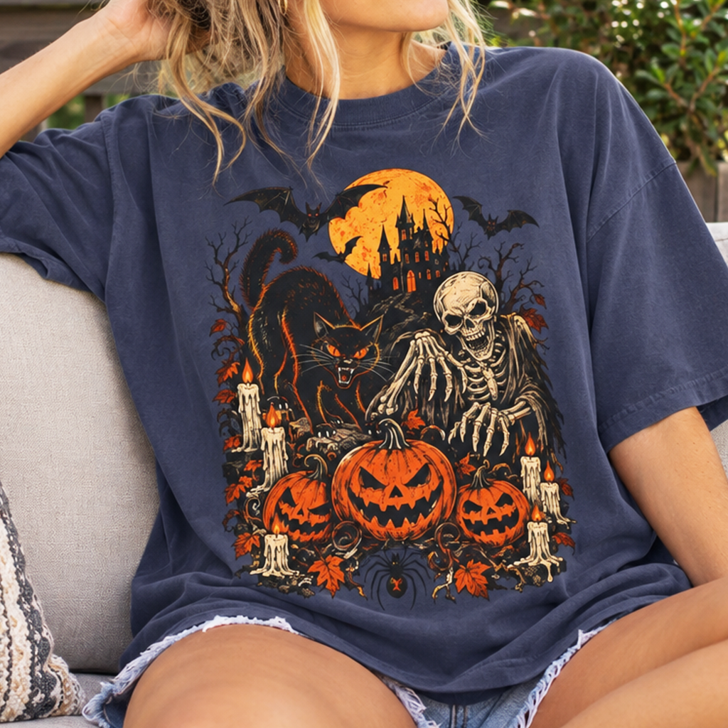 Retro Halloween Shirt Comfort Colors® Pumpkin Skeleton T-Shirt Halloween Cat Bat Haunted Candles Spider Tee