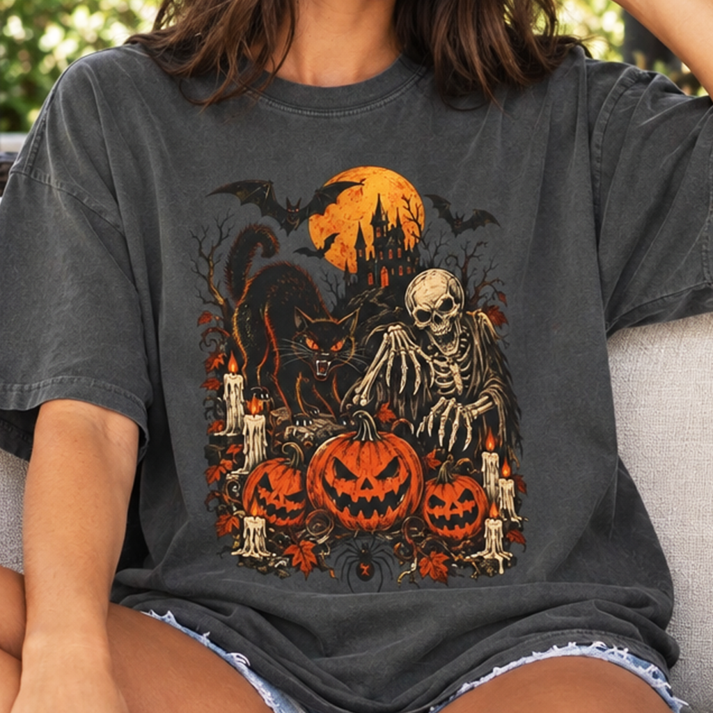 Retro Halloween Shirt Comfort Colors® Pumpkin Skeleton T-Shirt Halloween Cat Bat Haunted Candles Spider Tee