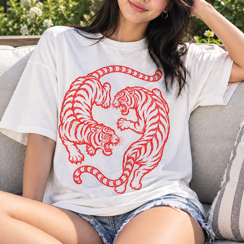 Twin Red Tigers T-Shirt (Comfort Colors®) Japanese Tiger Tee Graphic Tee Retro Tattoo Style Shirt Minimalist Streetwear Tshirt