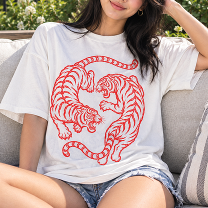 Twin Red Tigers T-Shirt (Comfort Colors®) Japanese Tiger Tee Graphic Tee Retro Tattoo Style Shirt Minimalist Streetwear Tshirt