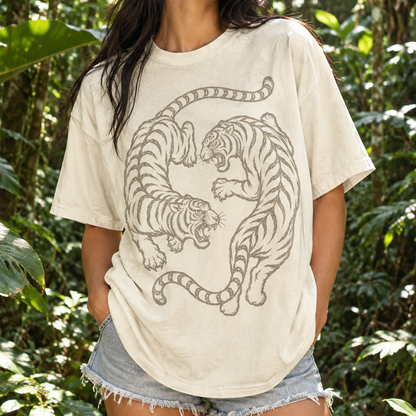 Twin Red Tigers T-Shirt (Comfort Colors®) Japanese Tiger Tee Graphic Tee Retro Tattoo Style Shirt Minimalist Streetwear Tshirt