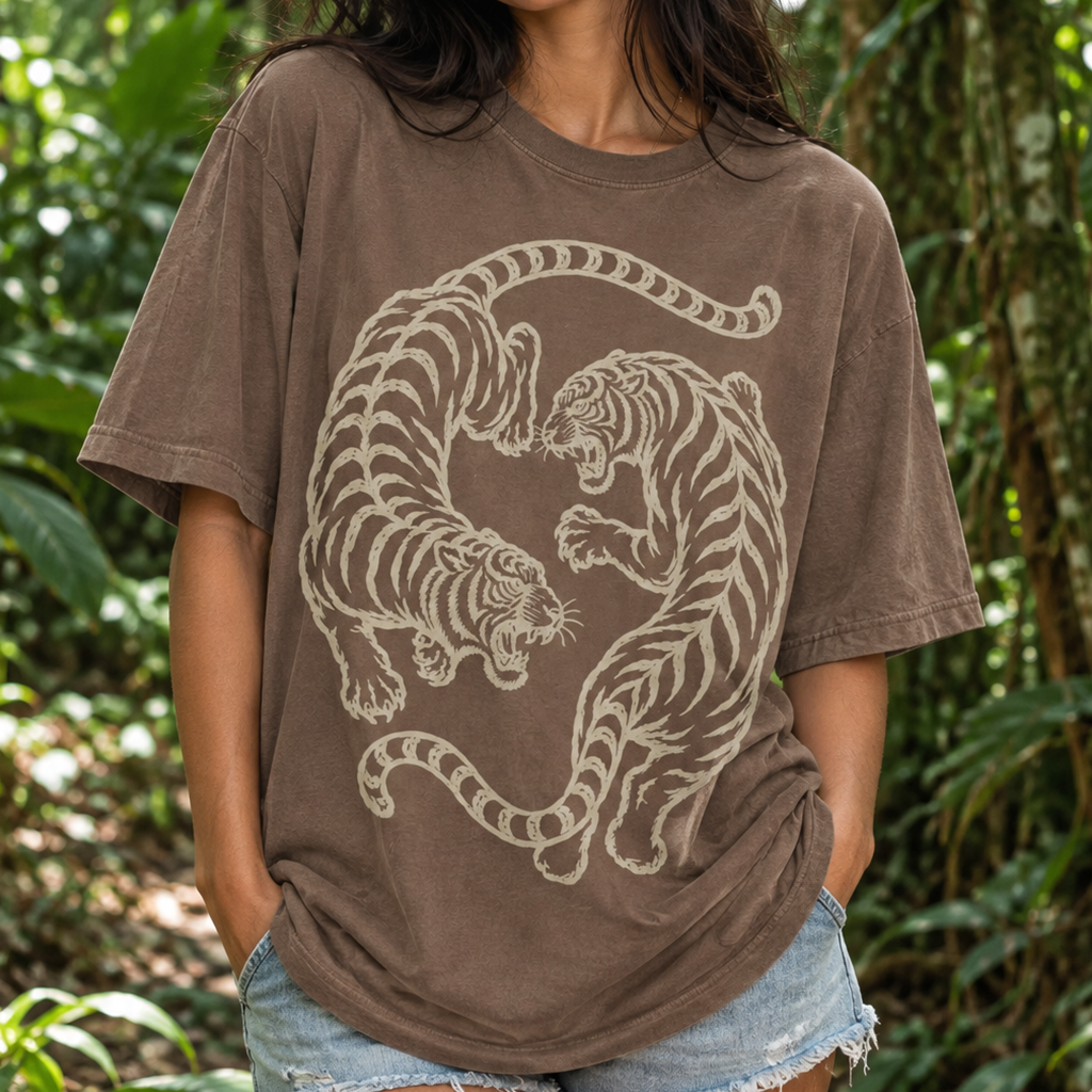 Twin Red Tigers T-Shirt (Comfort Colors®) Japanese Tiger Tee Graphic Tee Retro Tattoo Style Shirt Minimalist Streetwear Tshirt