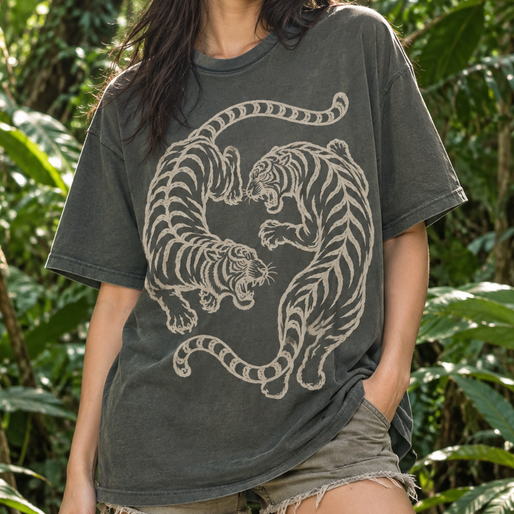 Twin Red Tigers T-Shirt (Comfort Colors®) Japanese Tiger Tee Graphic Tee Retro Tattoo Style Shirt Minimalist Streetwear Tshirt