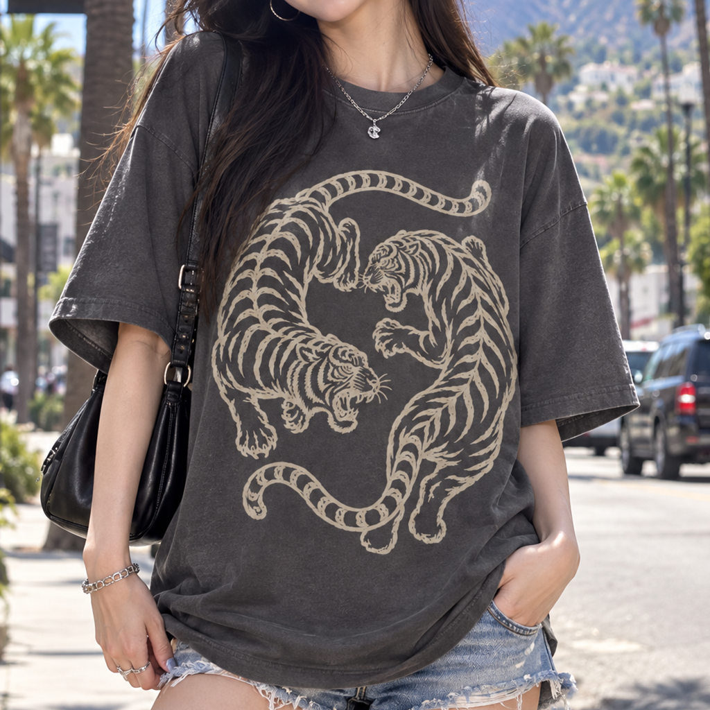 Twin Red Tigers T-Shirt (Comfort Colors®) Japanese Tiger Tee Graphic Tee Retro Tattoo Style Shirt Minimalist Streetwear Tshirt