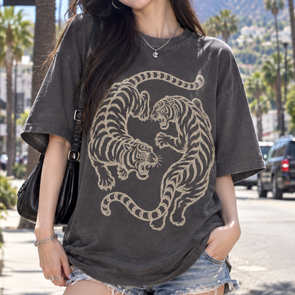 Twin Red Tigers T-Shirt (Comfort Colors®) Japanese Tiger Tee Graphic Tee Retro Tattoo Style Shirt Minimalist Streetwear Tshirt