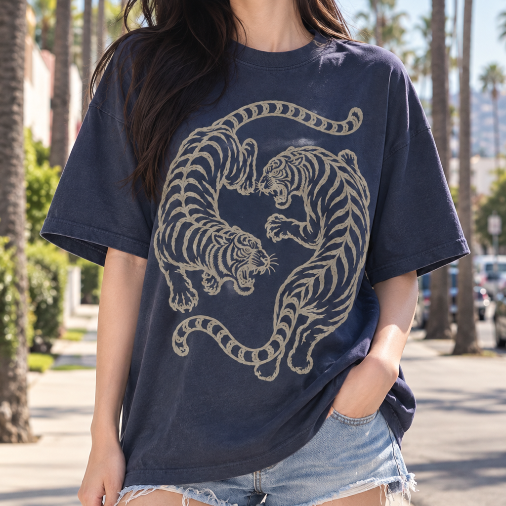 Twin Red Tigers T-Shirt (Comfort Colors®) Japanese Tiger Tee Graphic Tee Retro Tattoo Style Shirt Minimalist Streetwear Tshirt