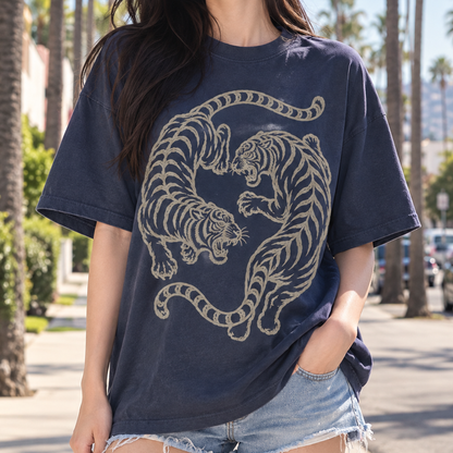 Twin Red Tigers T-Shirt (Comfort Colors®) Japanese Tiger Tee Graphic Tee Retro Tattoo Style Shirt Minimalist Streetwear Tshirt