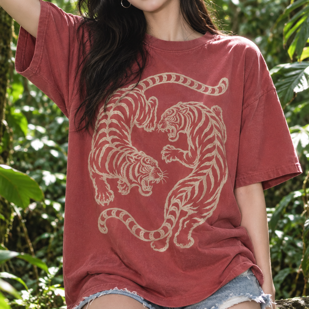 Twin Red Tigers T-Shirt (Comfort Colors®) Japanese Tiger Tee Graphic Tee Retro Tattoo Style Shirt Minimalist Streetwear Tshirt