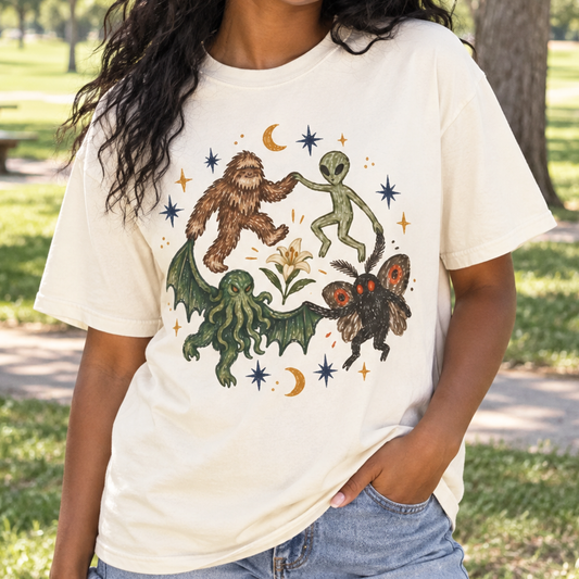 Dancing Monsters T-Shirt (Comfort Colors®) Cryptids Graphic Tee Bigfoot Mothman Alien Cthulu Vintage Unisex Shirt Weirdcore Tshirt