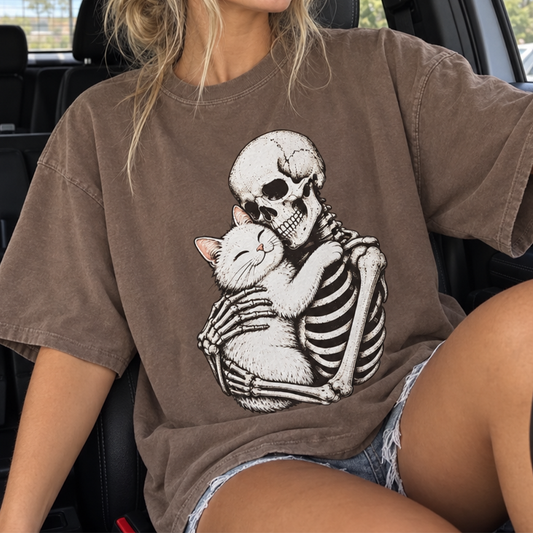 Skeleton Hugging Cat T-shirt (Comfort Colors®) Skull Kitty Halloween Tee Vintage 90s