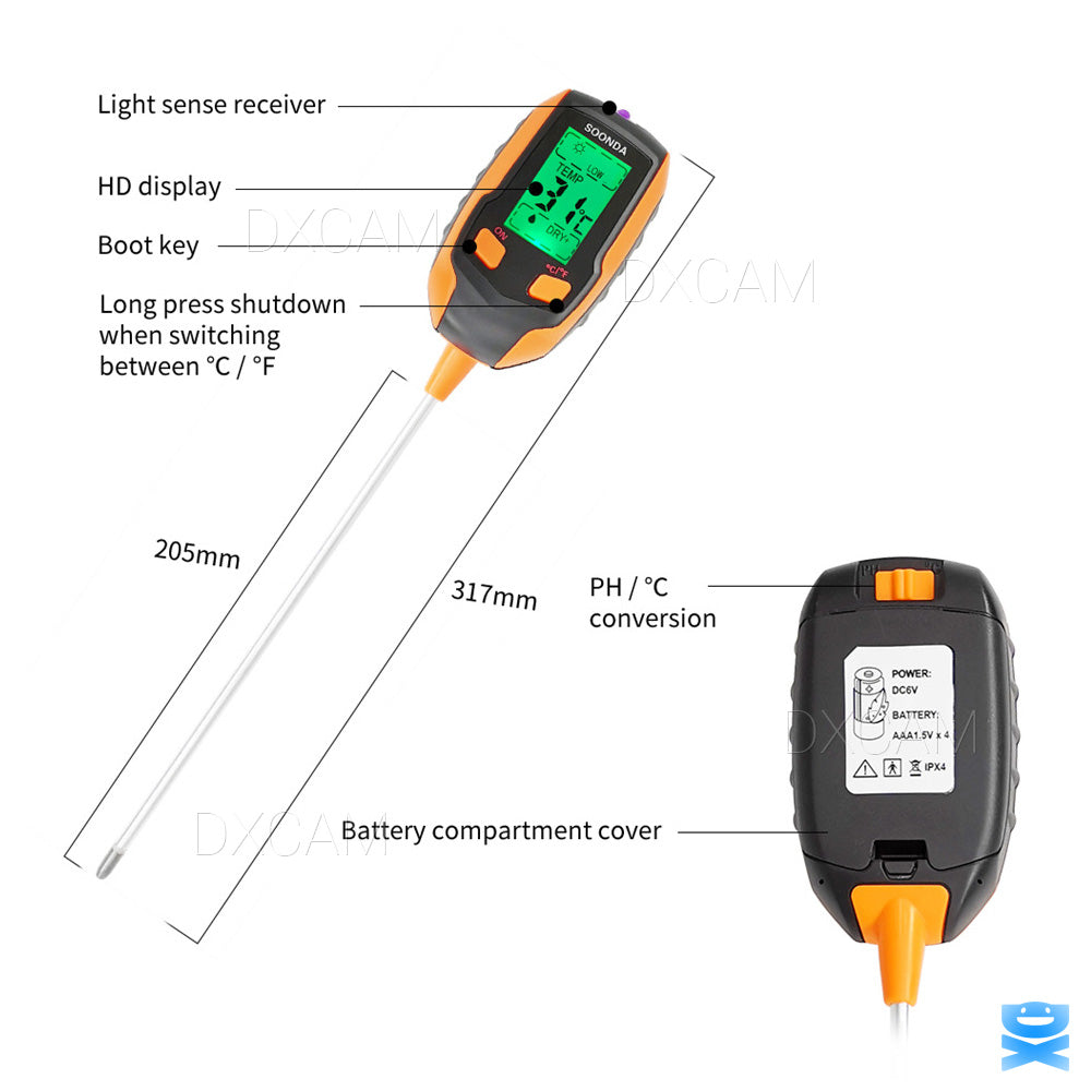 5-in-1 Digital PH Soil Tester LCD Moisture Plant Water Temperature Test Meter