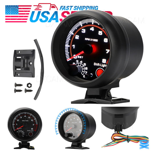 3.75" 12V Car Tachometer Gauge Meter 0-8000 RPM With LED Shift Light Universal