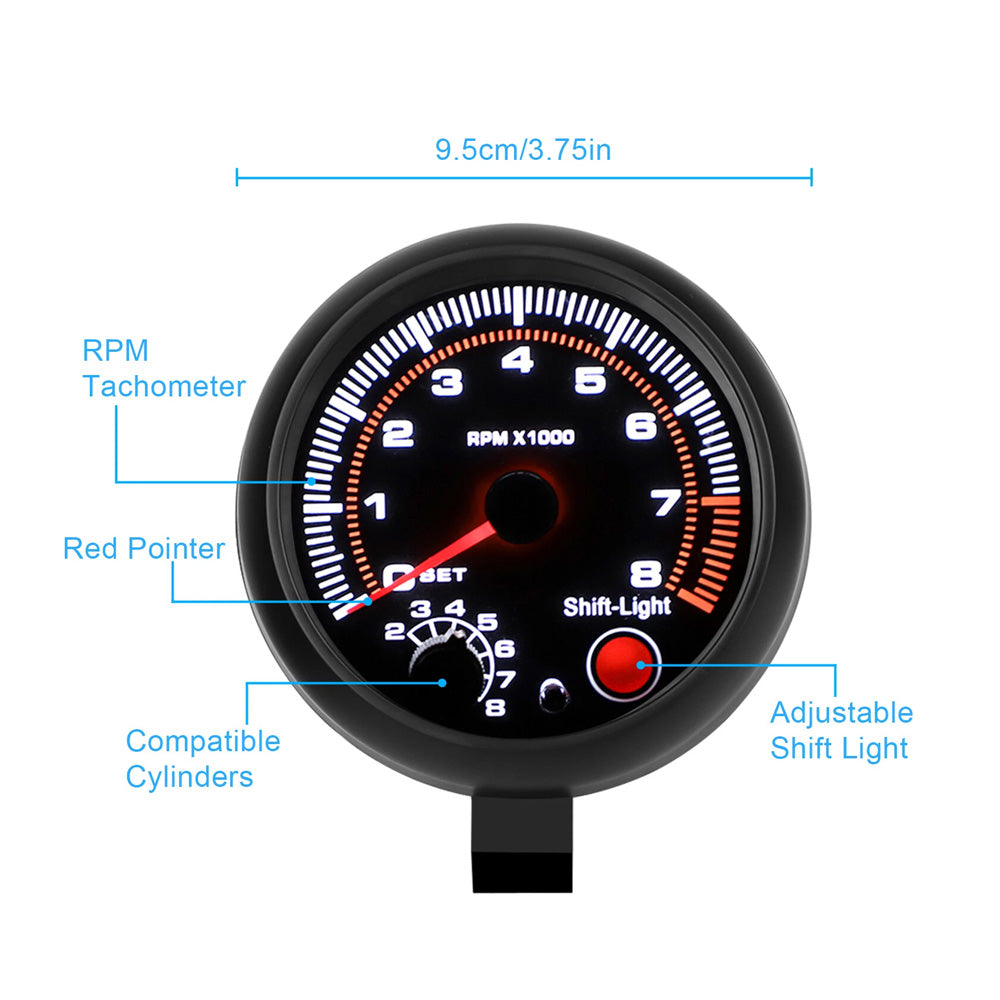 3.75" 12V Car Tachometer Gauge Meter 0-8000 RPM With LED Shift Light Universal